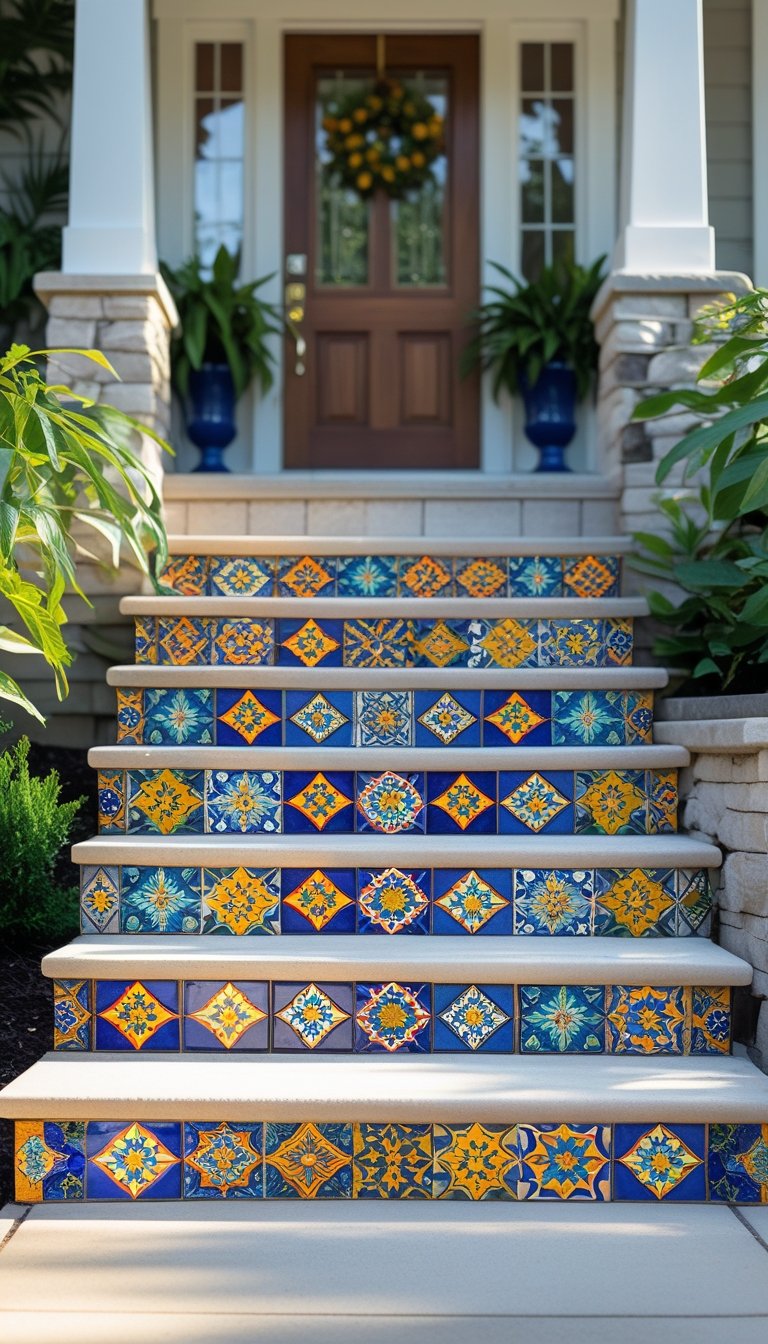 Front door steps decorated with colorful ceramic tiles on the risers, surrounded by plants and a wooden door.