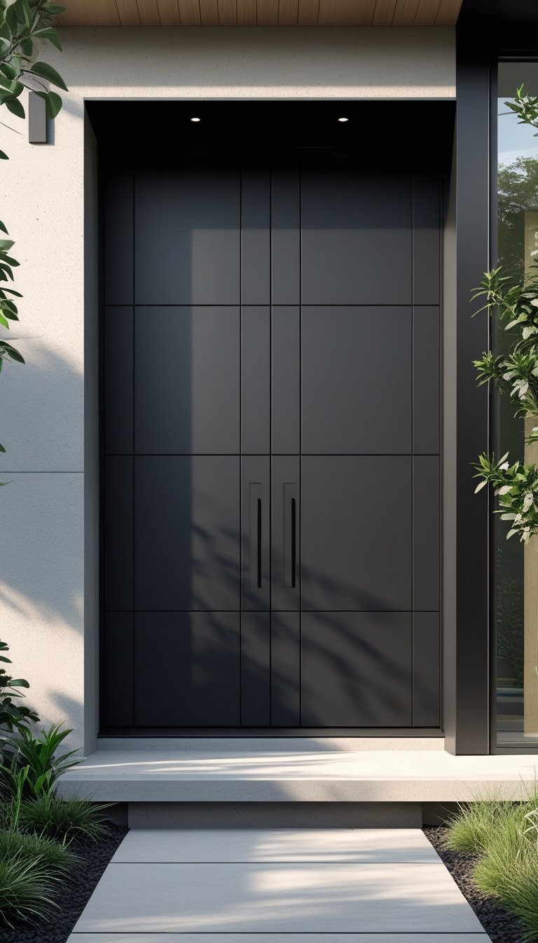 A modern house entrance with black flush-panel front doors and surrounding greenery.