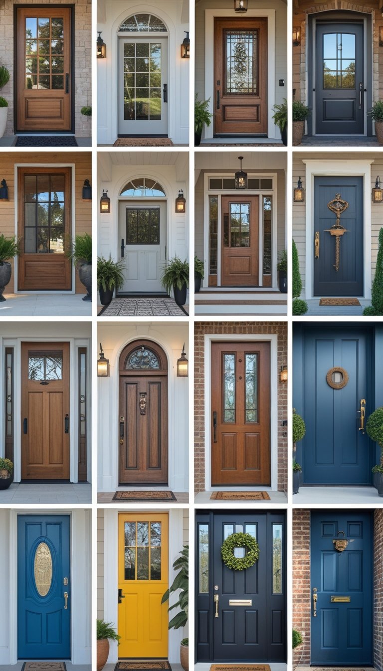 A collage of 17 different main entrance doors showing various designs and materials.