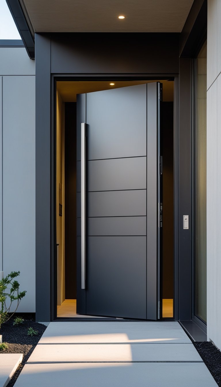 A modern main entrance with a large pivot door featuring a sleek metal frame, surrounded by a contemporary building facade and some greenery.