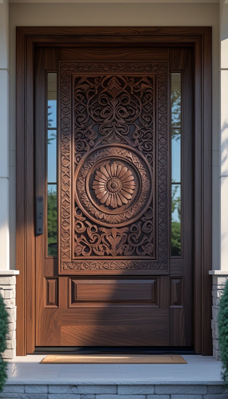 A solid wood main entrance door with detailed carved patterns in a residential exterior setting.