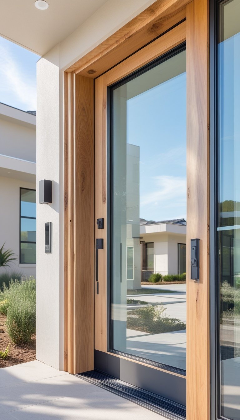 A group of modern front doors made of wood and glass displayed outdoors with clean lines and minimalist design.