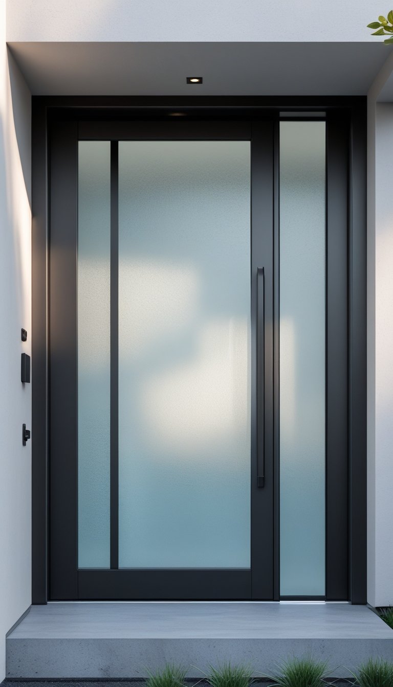 A modern entrance door made of frosted glass with black steel frame set in a neutral exterior wall.