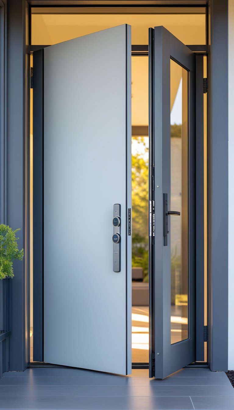 A modern pivot door with an integrated smart lock system at the entrance of a home, partially open with a view of the interior.