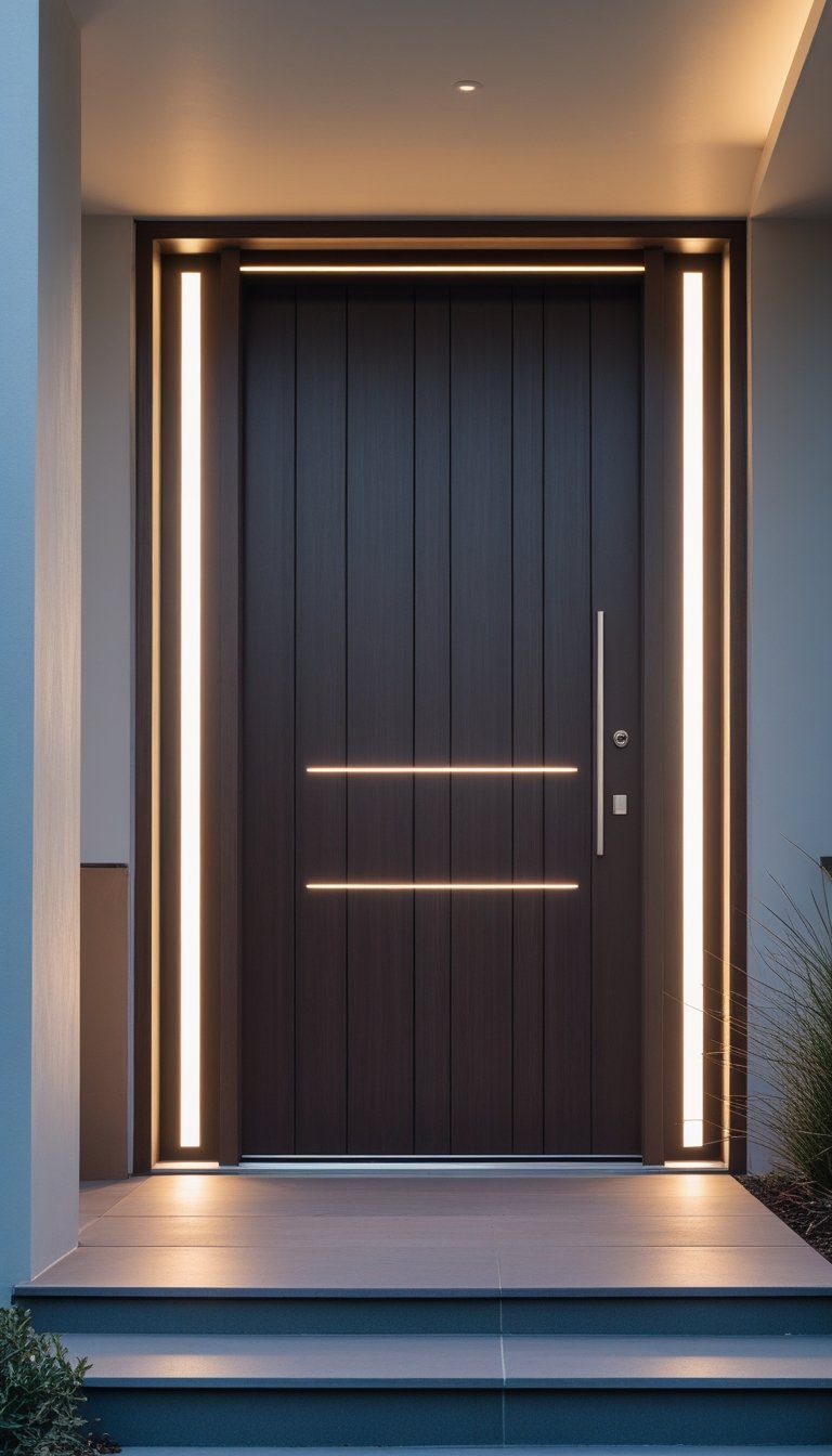 A modern front door with integrated LED lighting illuminating the entrance of a house.