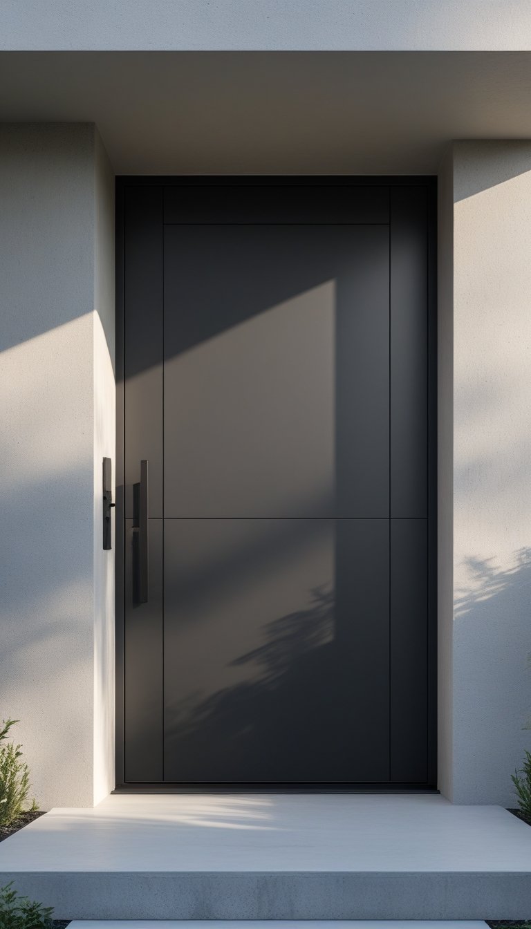 A closed black main entrance door set in a light-colored exterior wall under natural daylight.