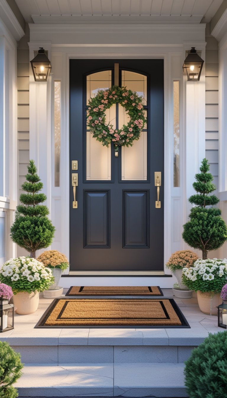 Front entrance with a doormat and decorated steps featuring plants and flowers.