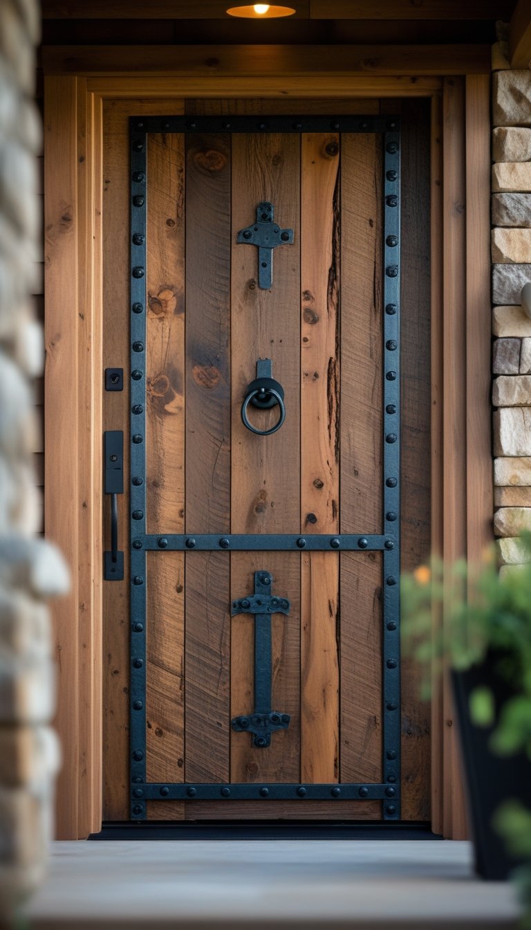 A rustic wooden main entrance door with iron handles set in an exterior wall.