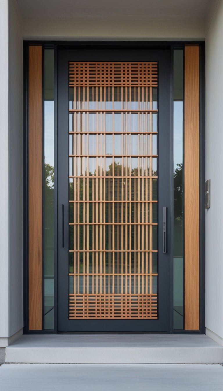 A full-height glass front door with wooden grid patterns set in a modern entrance.