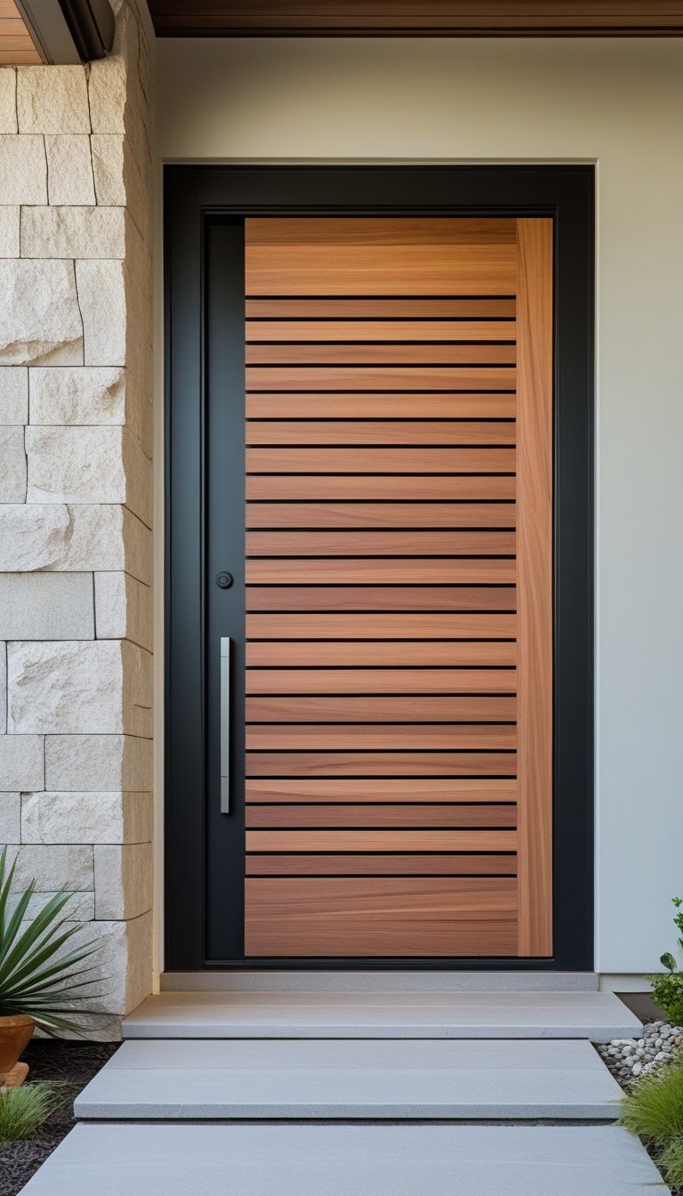 A main entrance door with horizontal wooden slats in a clean exterior wall, surrounded by plants.