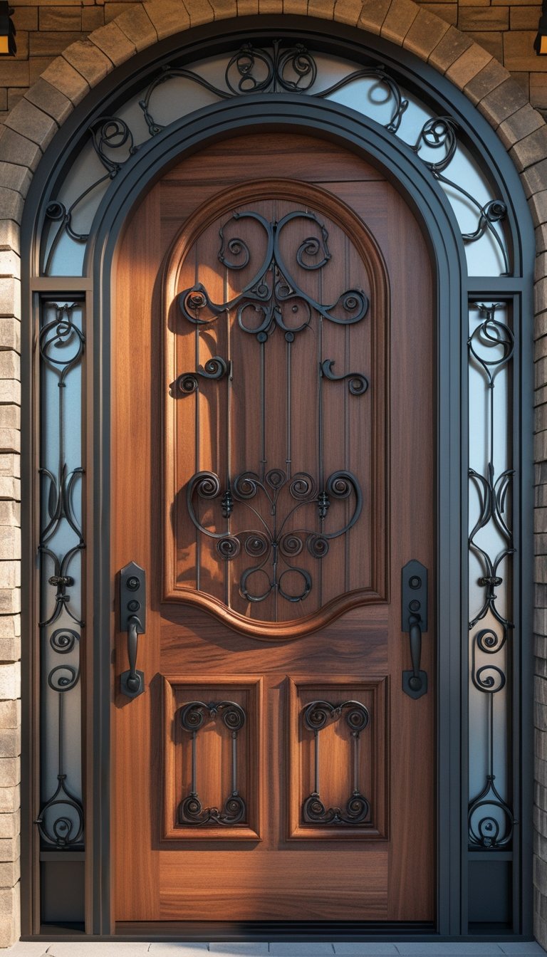 An arched wooden main entrance door with decorative wrought iron details.