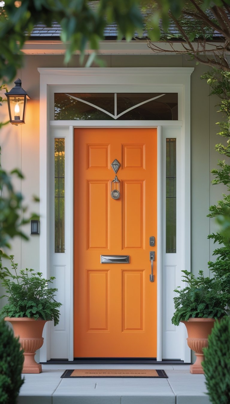 A front door painted warm orange surrounded by greenery and a clean porch area.