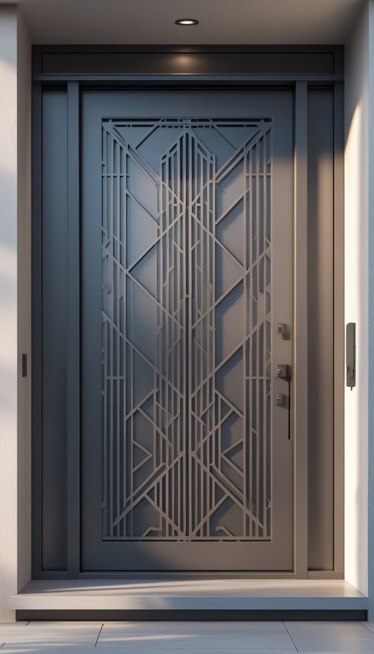 A steel main entrance door with geometric cut-out patterns in a modern exterior wall.