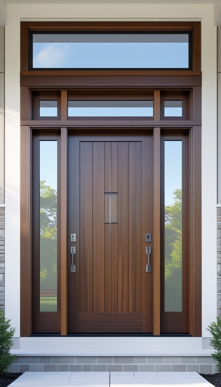 A large wooden main door with glass sidelights on both sides and a rectangular window above, set in a neutral-colored exterior wall.