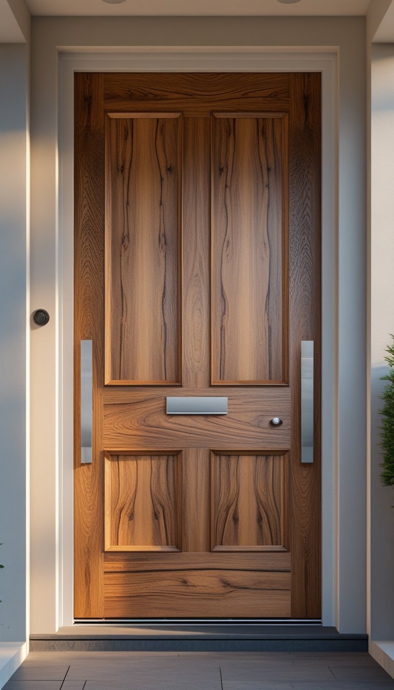 A main entrance showing a panelled wooden door with natural wood grain texture.