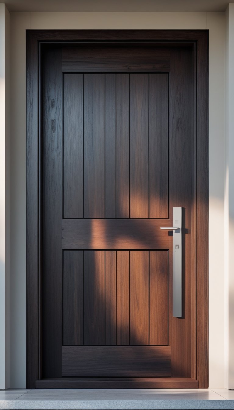 A dark wooden front door with modern metal handle and lock in a clean entrance frame.