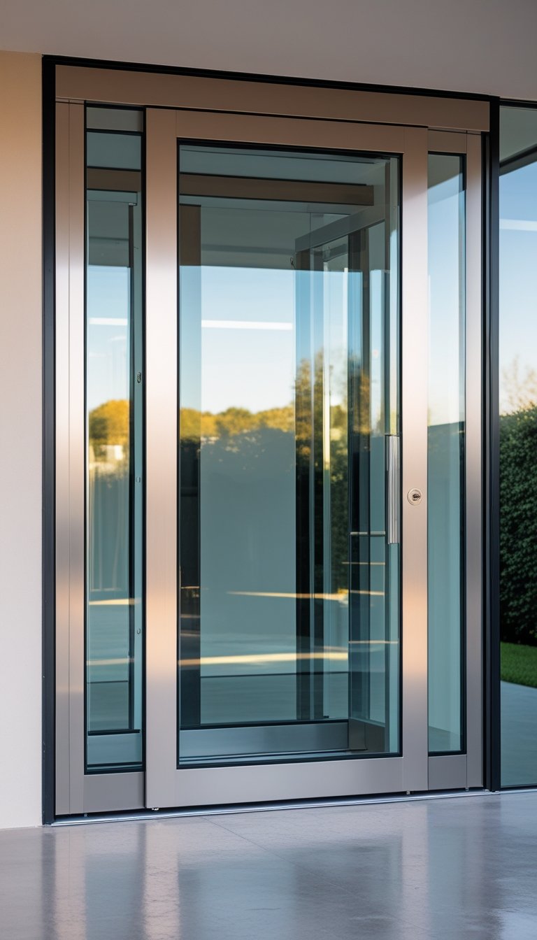 A modern entrance with a glass pivot door framed in anodized aluminum, set in a clean exterior wall.