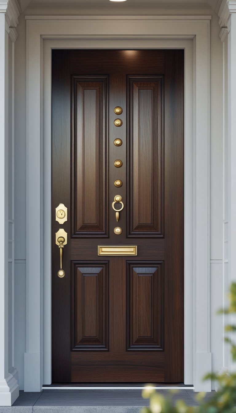 A classic wooden main entrance door with brass handle and accents set in a white doorframe.