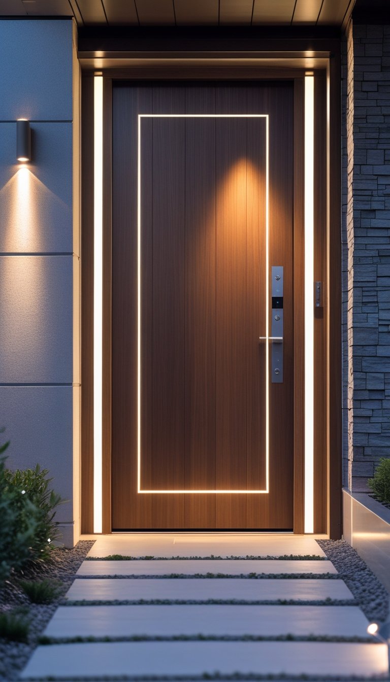 Main entrance door with built-in LED lighting softly illuminating the door frame.