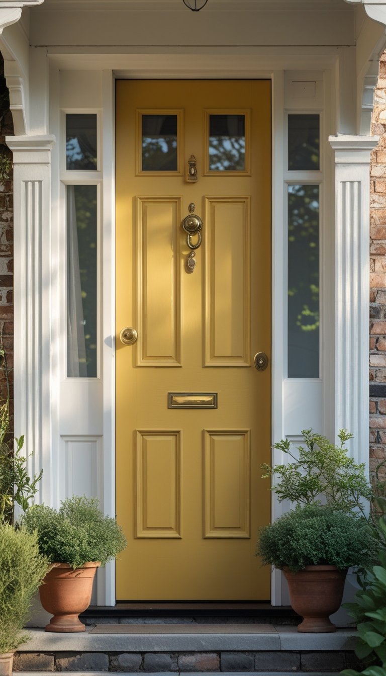 A front door painted bold mustard yellow on a vintage-style house with brick walls and potted plants by the entrance.