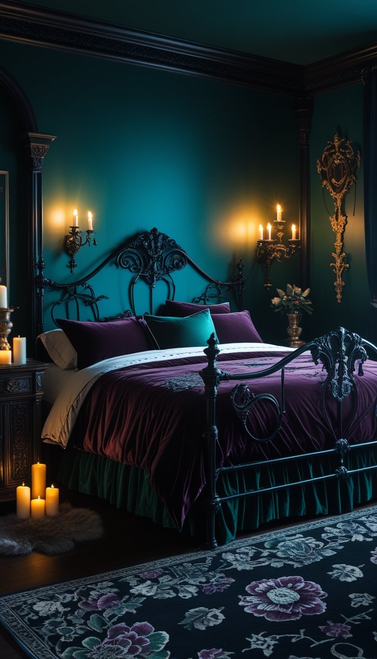 A dimly lit bedroom with dark jewel-toned walls, a black wrought iron bed with velvet bedding, warm candlelight, and gothic-style furniture.