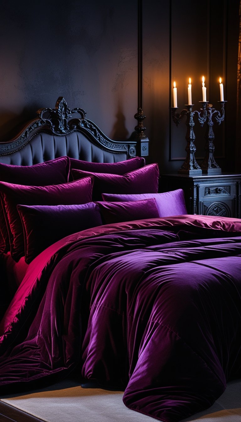 A bedroom with a bed dressed in dark red and purple velvet bedding, surrounded by dark wooden furniture and soft lighting.