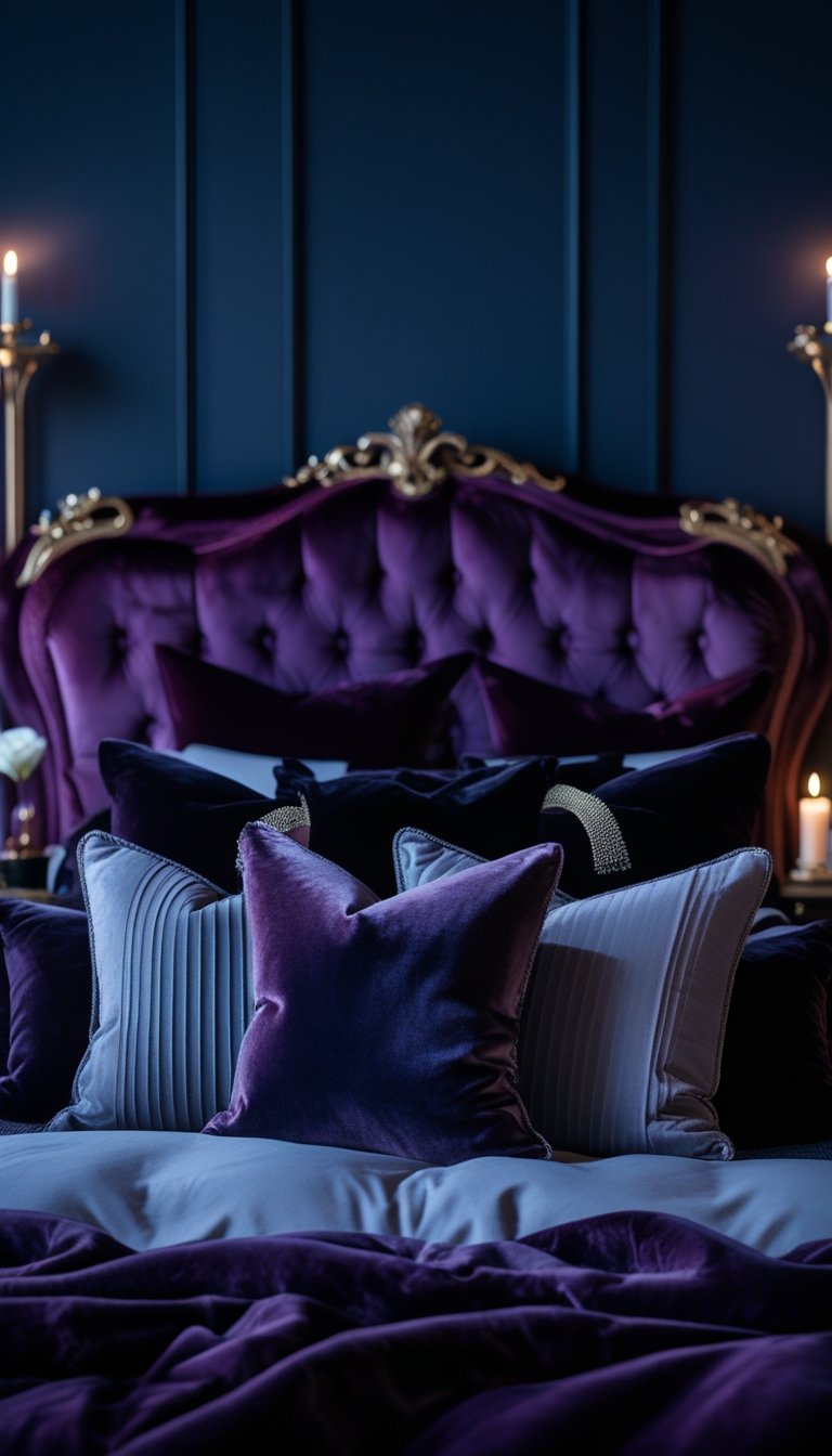 A bedroom with a velvet upholstered headboard and matching velvet chairs, featuring a neatly made bed and warm lighting.