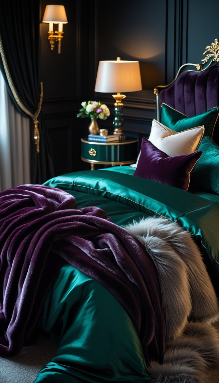 A bedroom with a bed covered in silk bedding and faux fur throws, dark walls, warm lighting, and a bedside table with flowers and books.