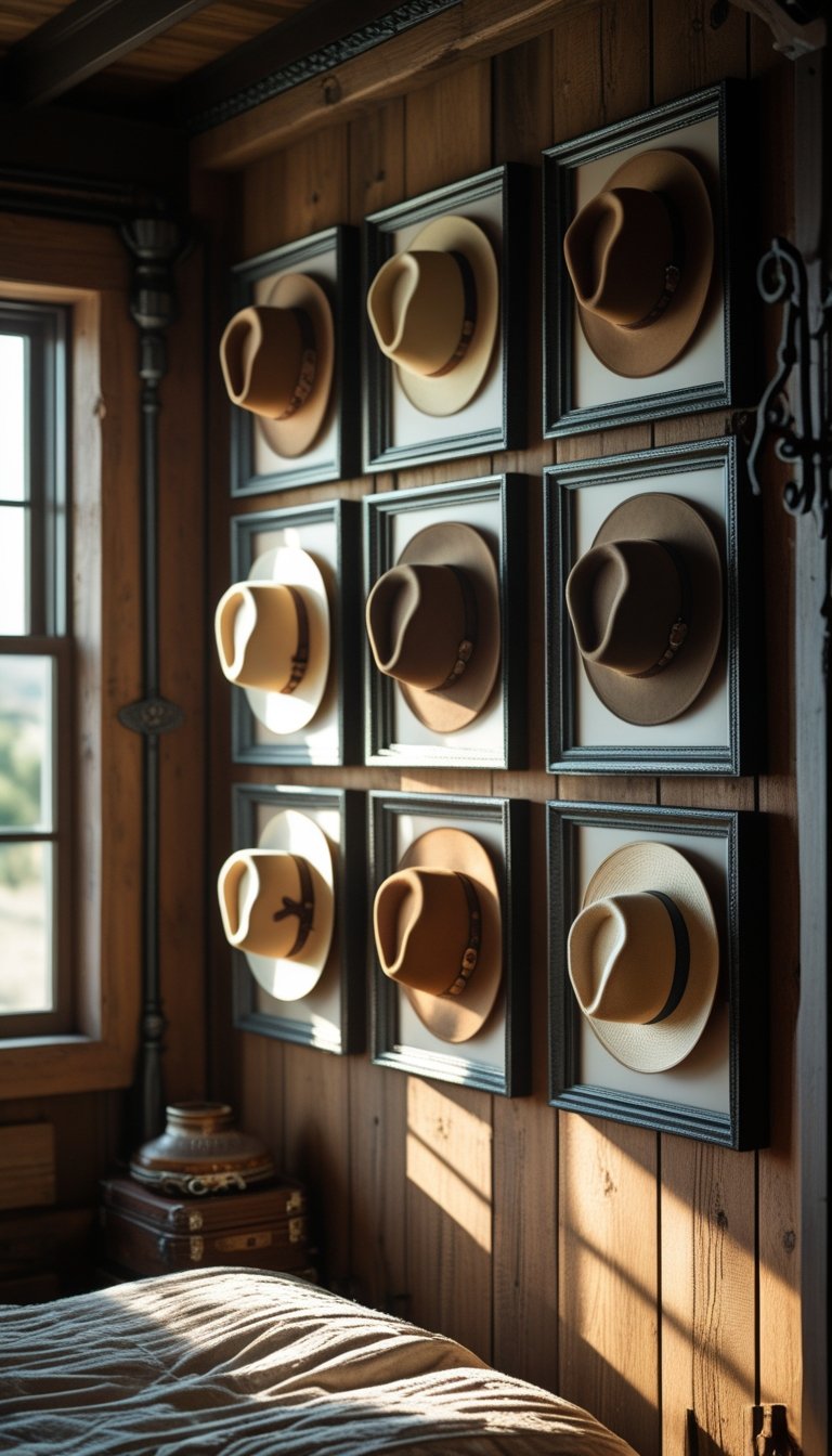 A bedroom wall decorated with framed antique cowboy hats arranged in a neat display, surrounded by wooden furniture and dim lighting.