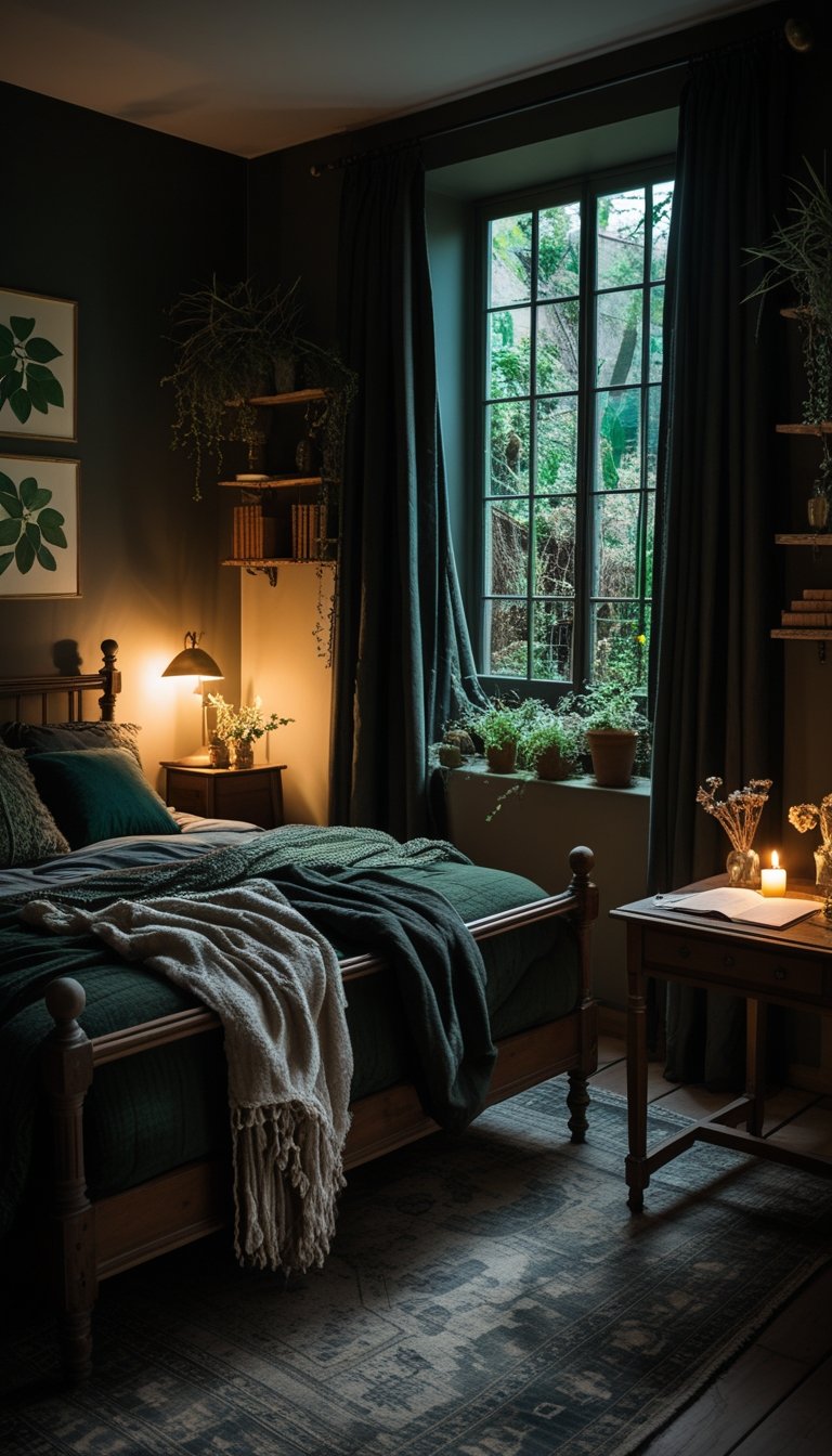 A dimly lit bedroom with a wooden bed, dark bedding, botanical wall art, potted plants, and warm ambient lighting creating a cozy atmosphere.