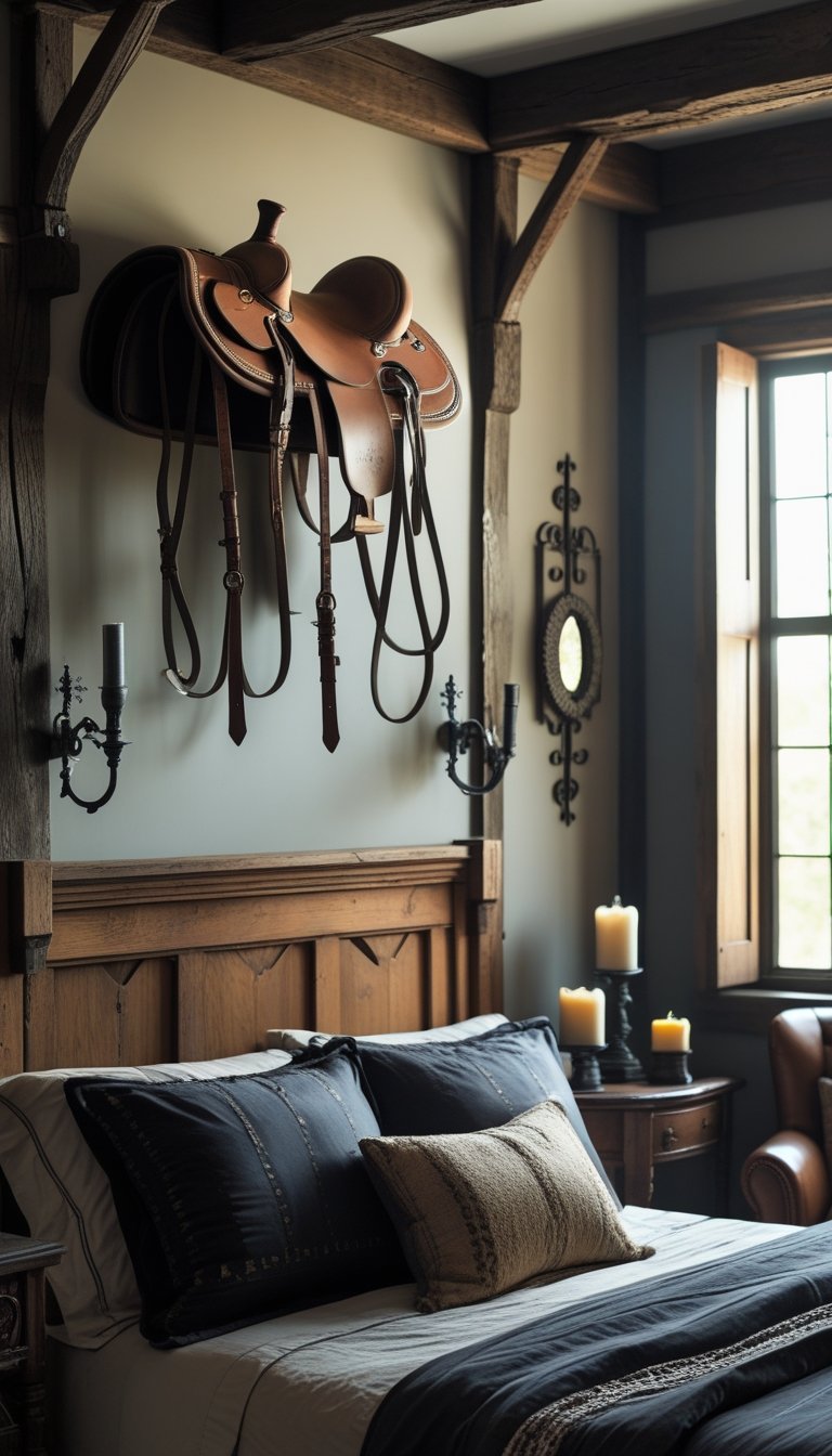 A bedroom with a horse saddle and leather reins displayed on the wall above a wooden bed, surrounded by rustic furniture and soft natural light.