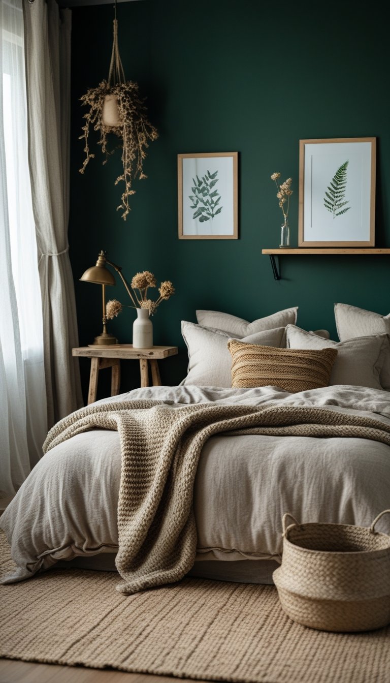 A bedroom with a deep green accent wall, a neatly made bed, wooden furniture, and soft natural lighting.