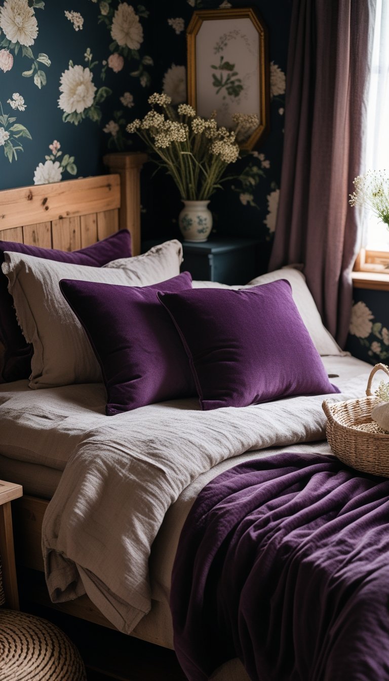A cozy bedroom corner with velvet plum throw pillows on a wooden bed, soft bedding, a nightstand with flowers, and warm natural lighting.