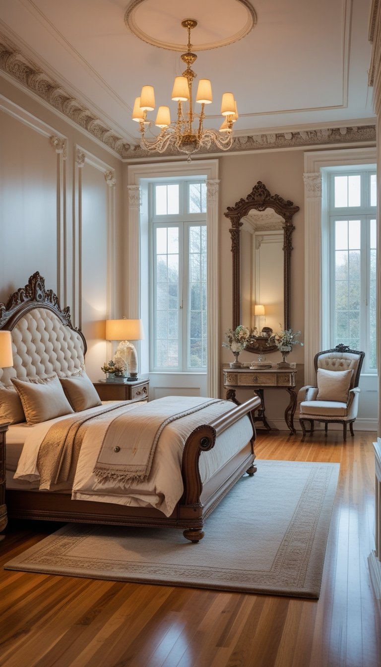 A well-lit bedroom with a large bed, bedside tables with lamps, a chandelier, and a cozy reading nook by the window.