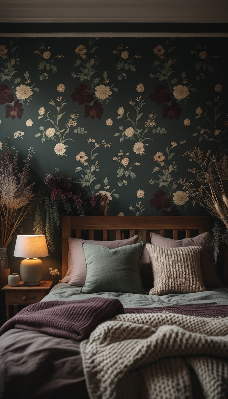 A cozy bedroom with floral wallpaper, a wooden bed with soft bedding, warm lighting, and plants.