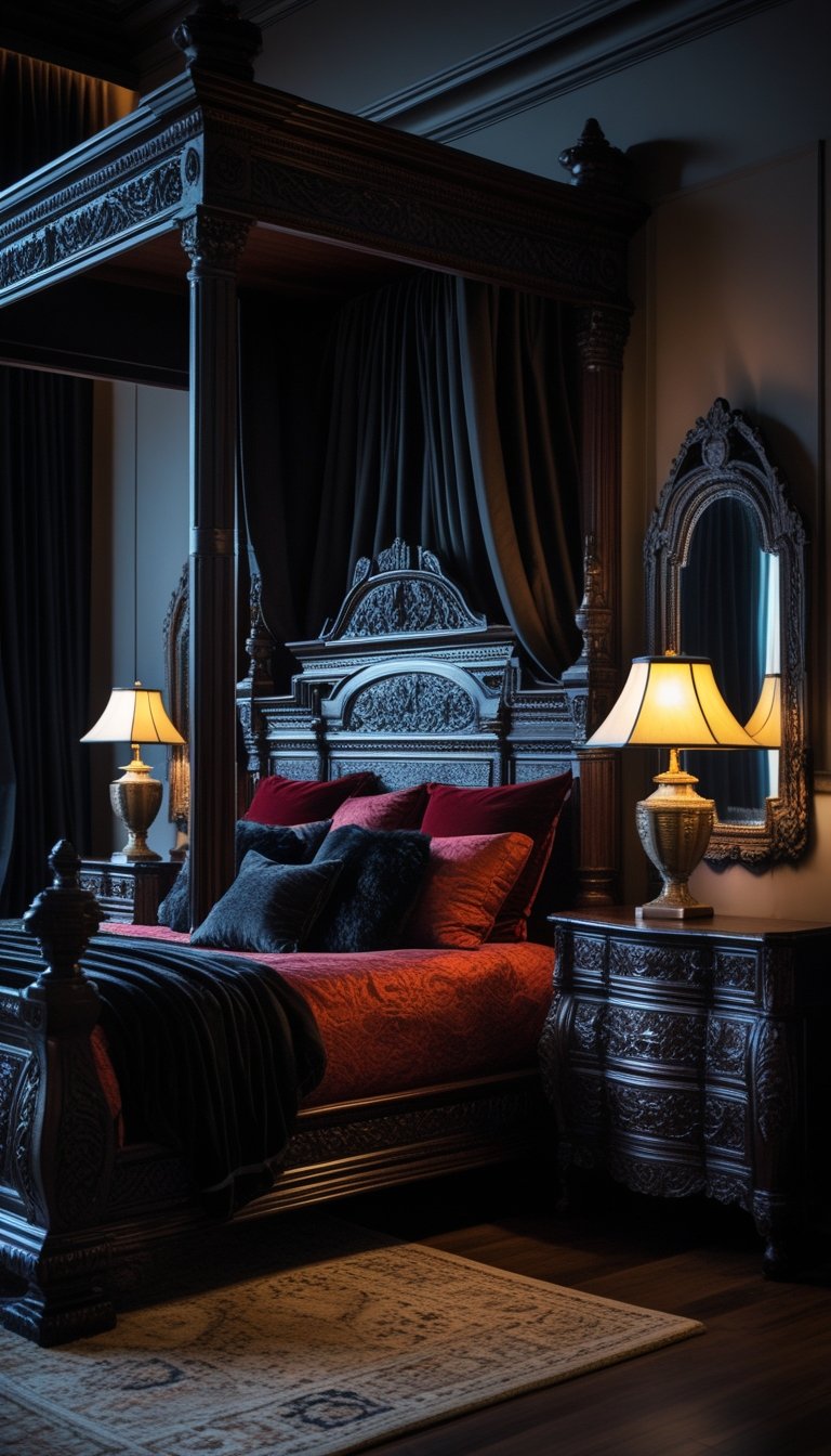 A bedroom with dark wood furniture featuring detailed carvings, a large bed with plush bedding, nightstands with lamps, and heavy drapes letting in soft light.