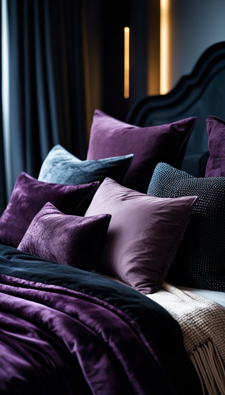 A bedroom with a bed covered in dark-colored pillows made of crushed velvet and suede, surrounded by dark curtains and furniture.
