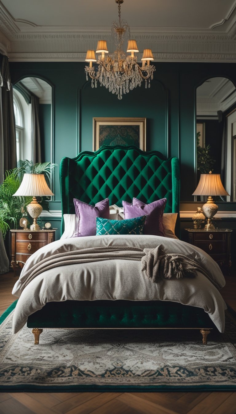 A bedroom with a tufted velvet headboard in deep jewel tones, a neatly made bed, bedside tables with lamps, and natural light coming through windows.