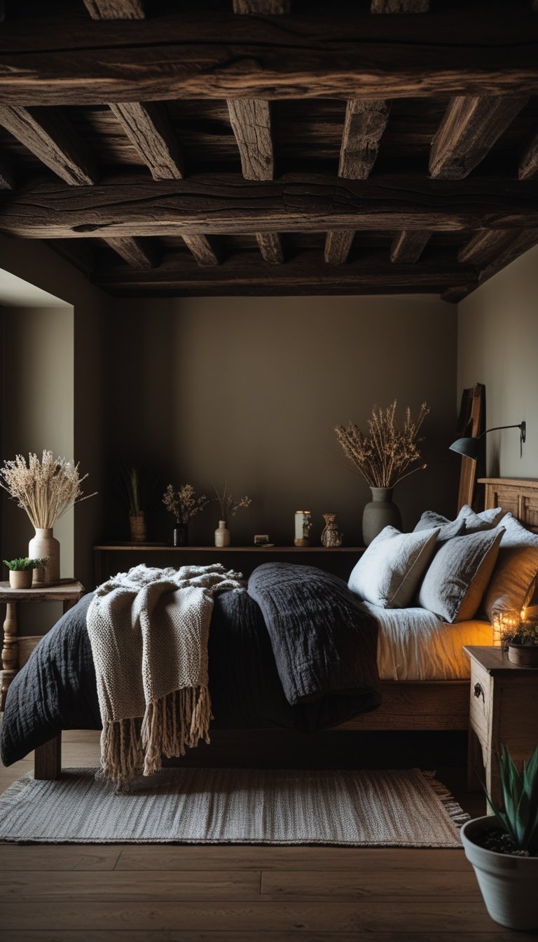 A cozy bedroom with dark wooden ceiling beams, rustic furniture, and warm lighting.