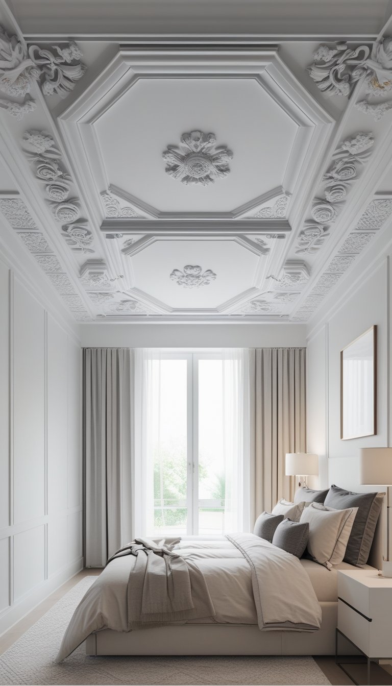 A bright bedroom with detailed plaster ceiling moldings, a neatly made bed, and modern furniture.
