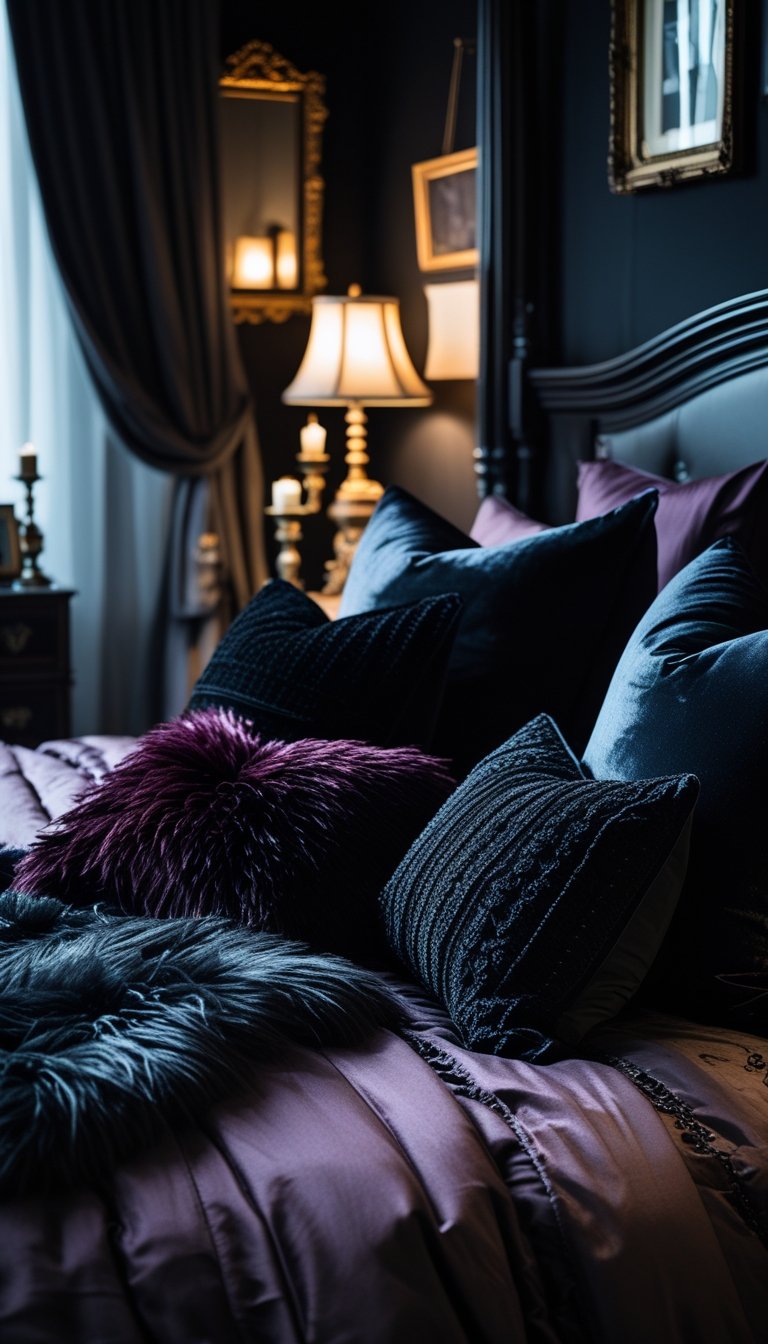A bedroom with plush black and burgundy throw pillows arranged on a bed with dark bedding and moody lighting.