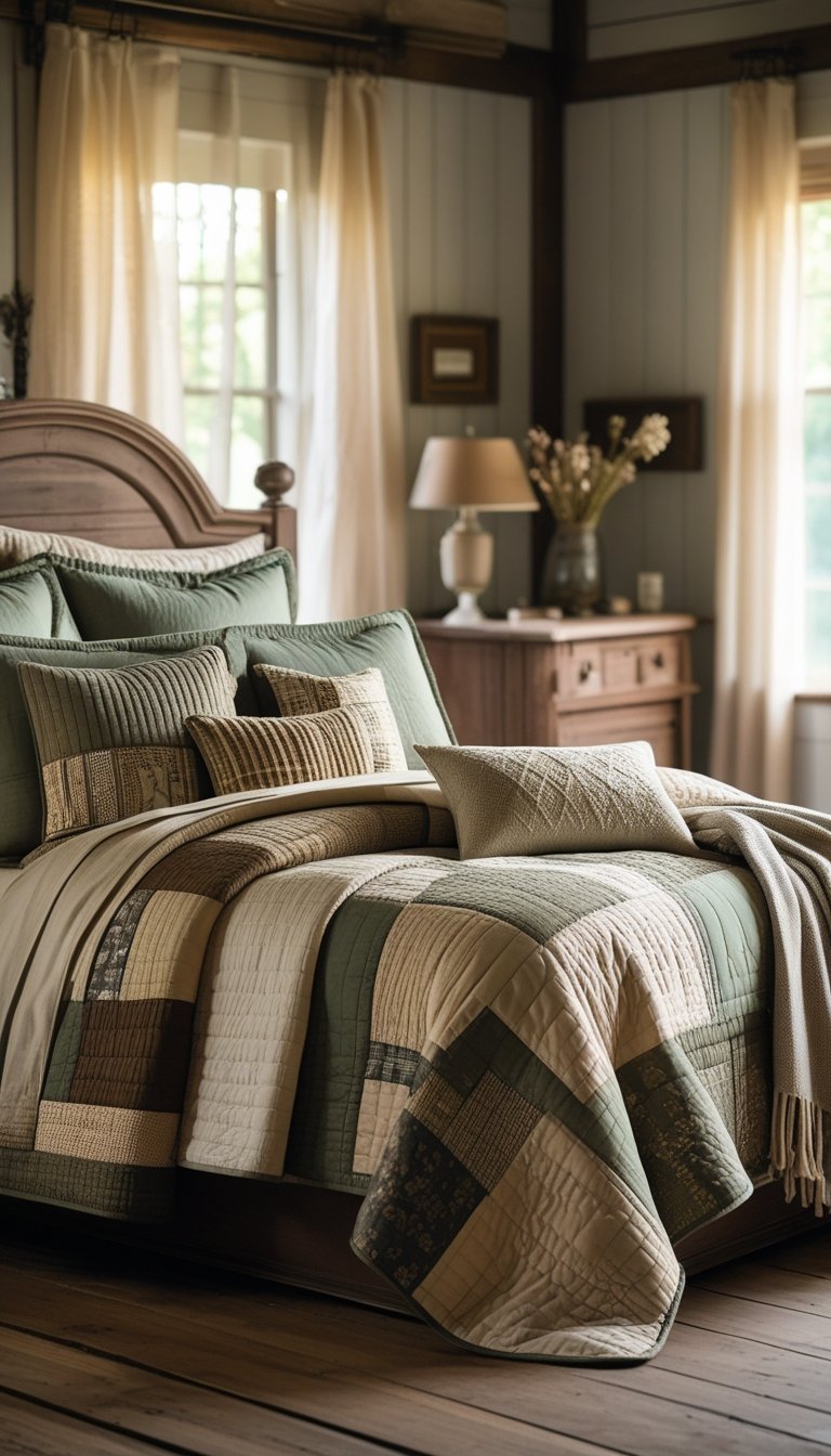 A bedroom with a bed covered in quilted patchwork bedding in muted colors, rustic wooden furniture, and soft natural light.