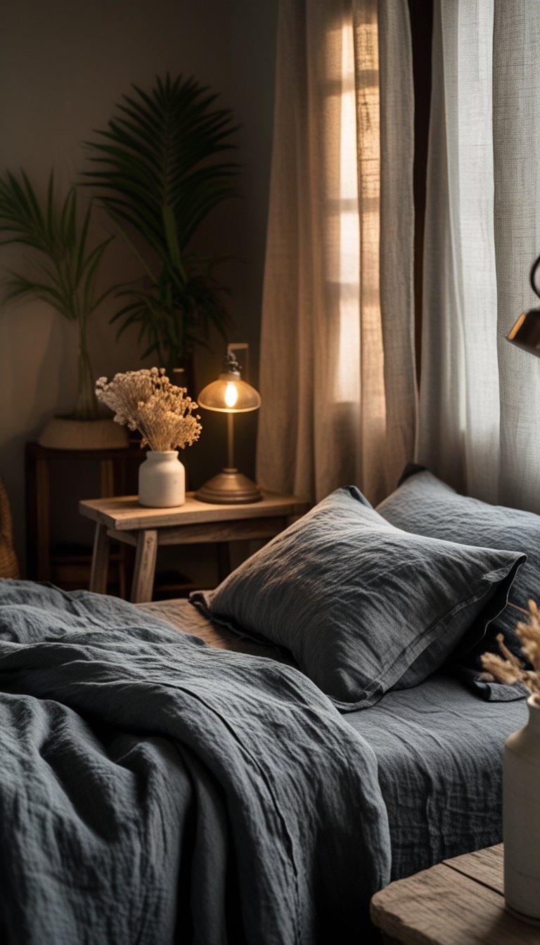A neatly made bed with dark gray linen bedding in a cozy bedroom with wooden furniture, plants, and soft natural light.