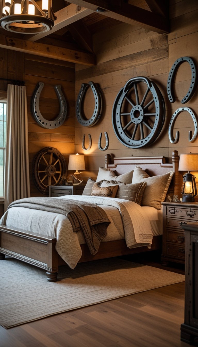 A cozy bedroom with wooden walls featuring decorative horseshoes and a large wagon wheel mounted above the bed.