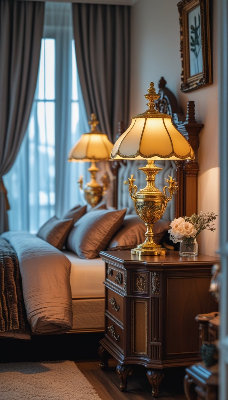 A bedroom with two ornate bedside lamps glowing softly on wooden nightstands next to a bed with textured bedding.