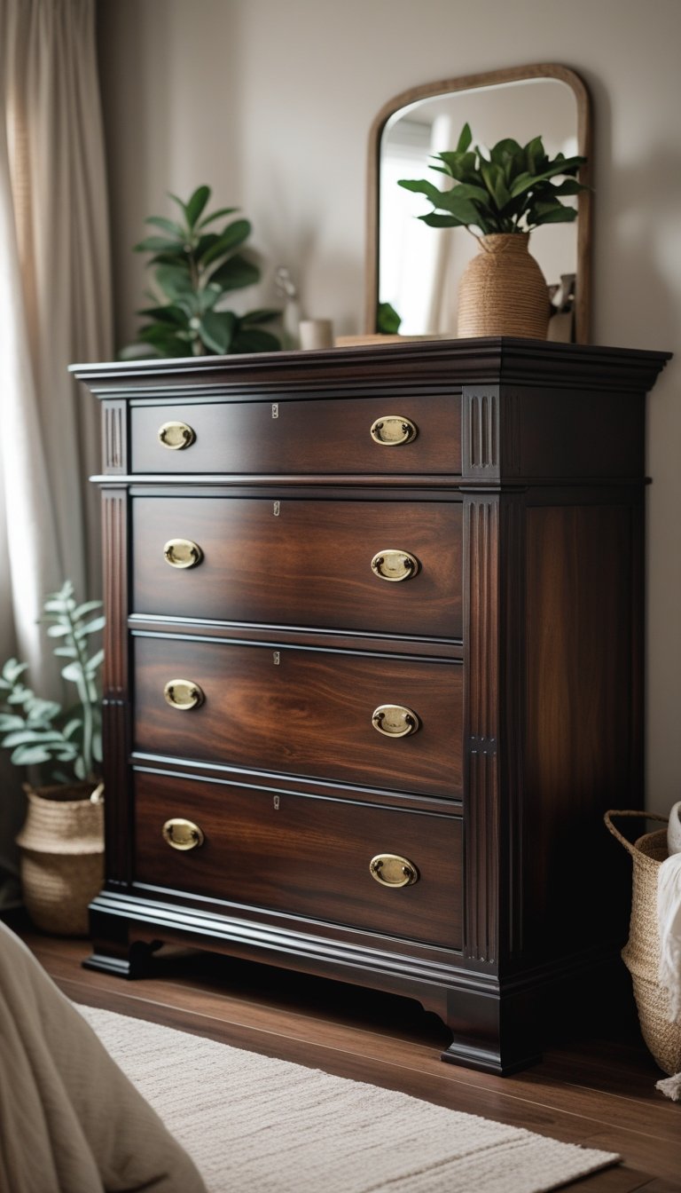 A dark wooden dresser with brass handles in a softly lit bedroom setting.