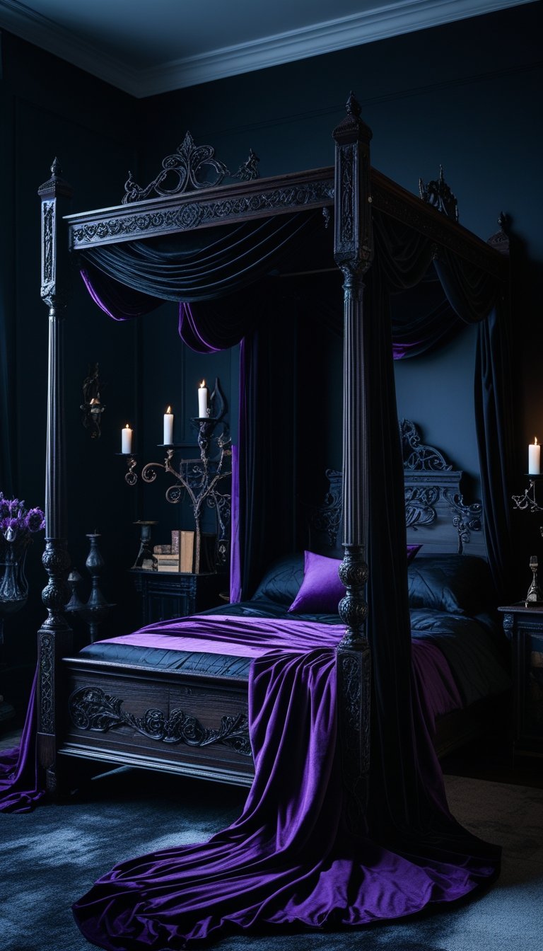A dark canopy bed draped with flowing black and purple fabrics in a dimly lit bedroom with gothic decor.