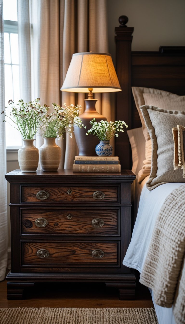 A bedroom corner with dark wood bedside tables holding lamps, vases with flowers, and books next to a neatly made bed.
