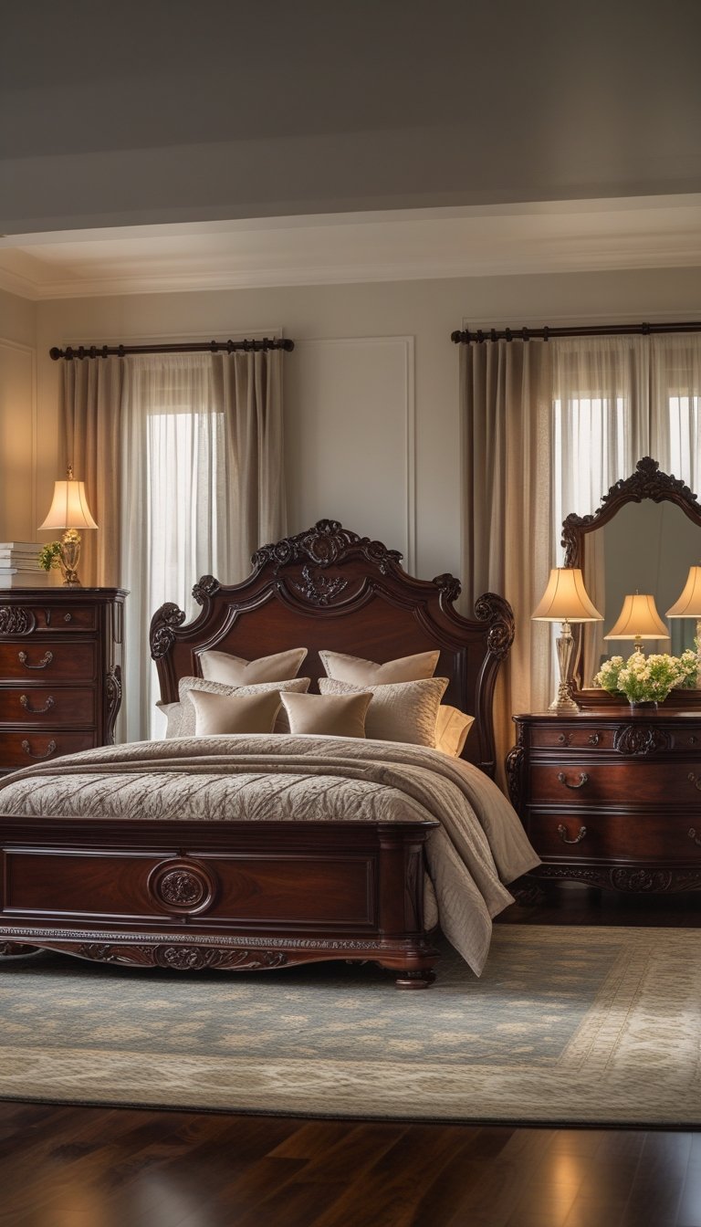 A bedroom with dark wood furniture including a large bed, nightstands with lamps, and a dresser, softly lit by natural light through sheer curtains.