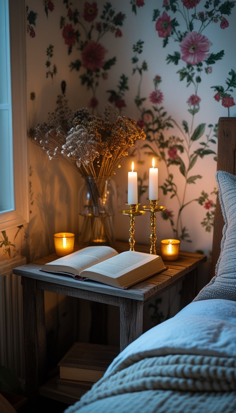 A cozy bedroom corner with brass candle holders on a wooden bedside table, a bed with layered linens, dried flowers in a vase, and warm candlelight.